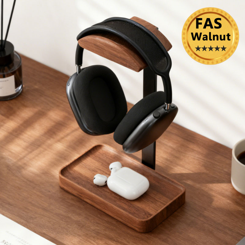 Desk Setup Wood - Solid Wood Headphones Stand Black Walnut+Aluminum
