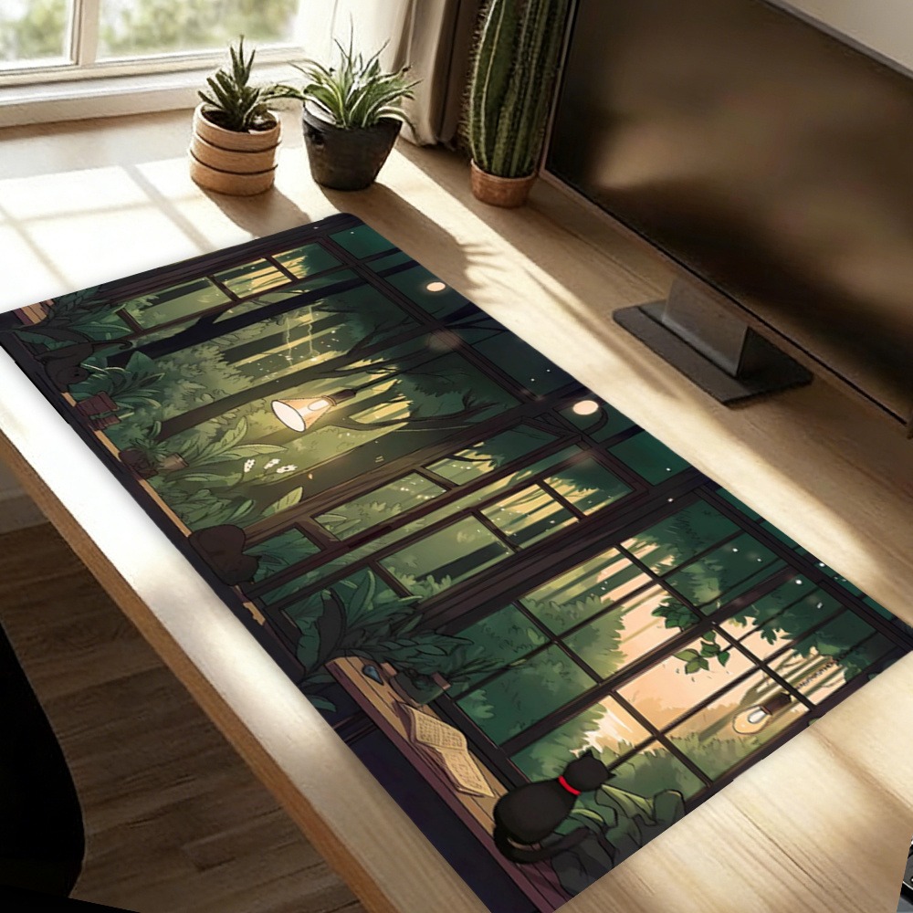 Desk Setup With Plants - Cute Lofi Desk Mat - Green