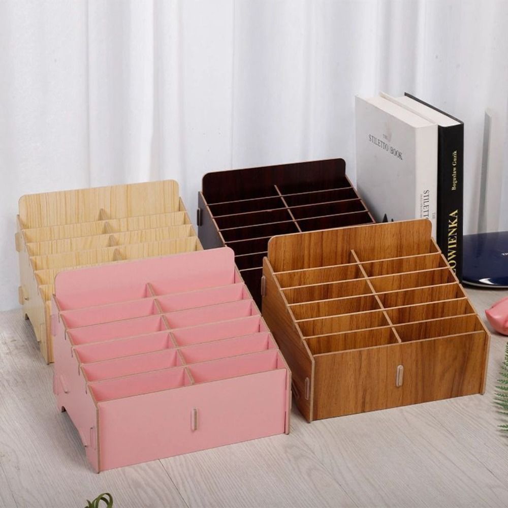 Desk Setup Wood - 12/24/36/48Grid Phone Storage Box Wooden Multi