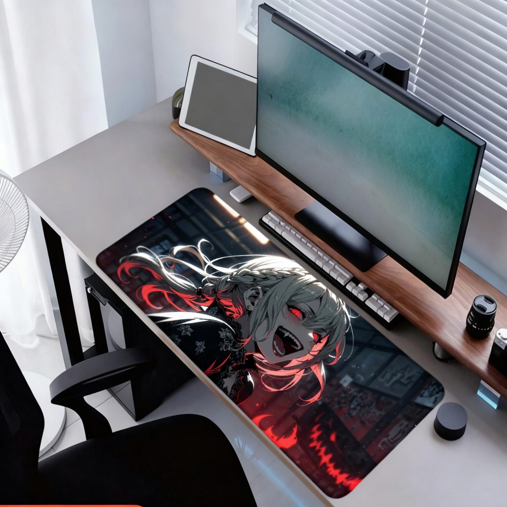 An anime girl with red flames  - Desk Setup Simple review and price