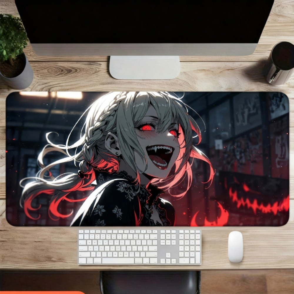 An anime girl with red flames  - Desk Setup Simple review and price